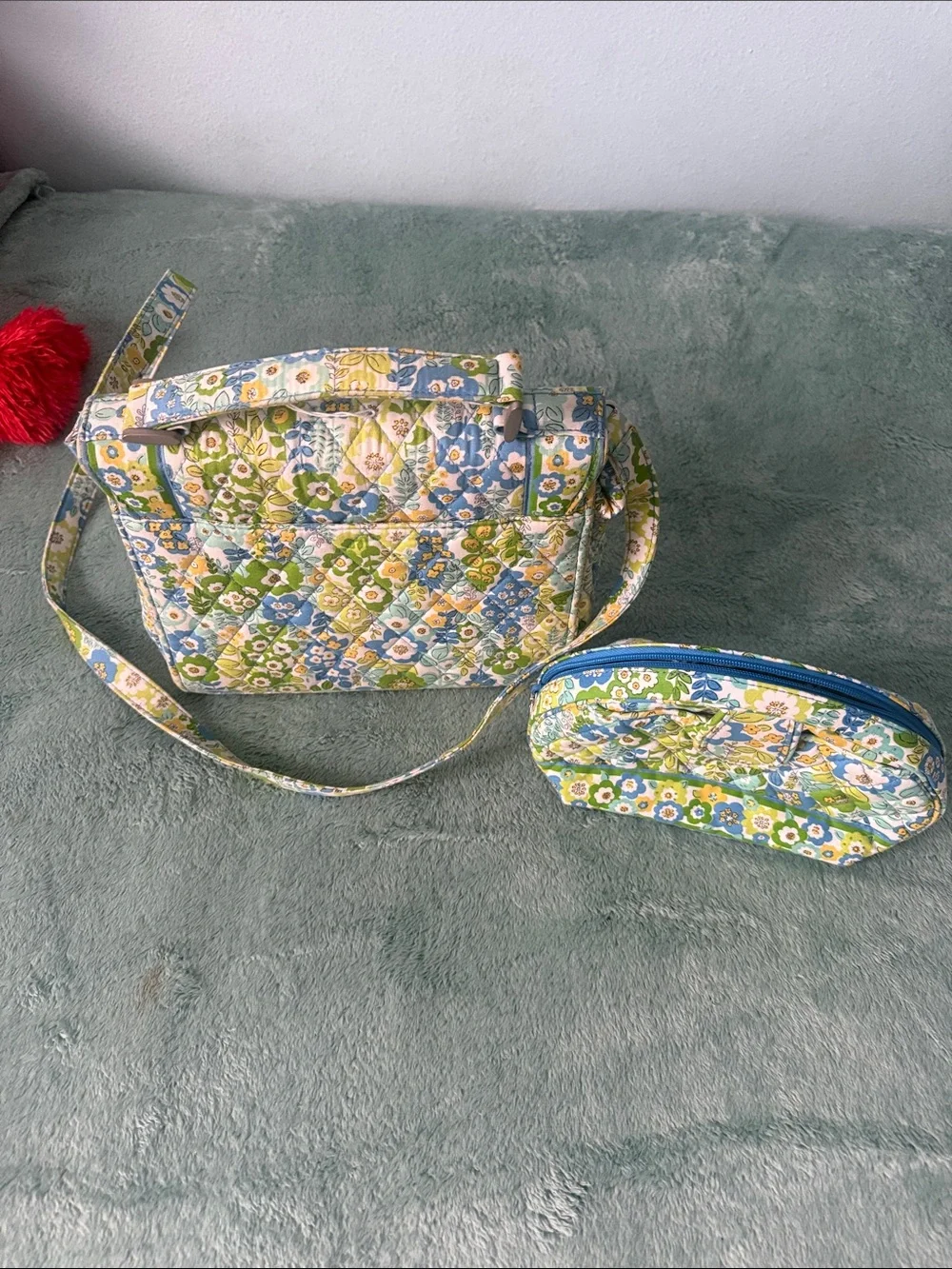 Vera Bradley Quilted Floral Cosmetic Bag Set in Blue, Green & Yellow